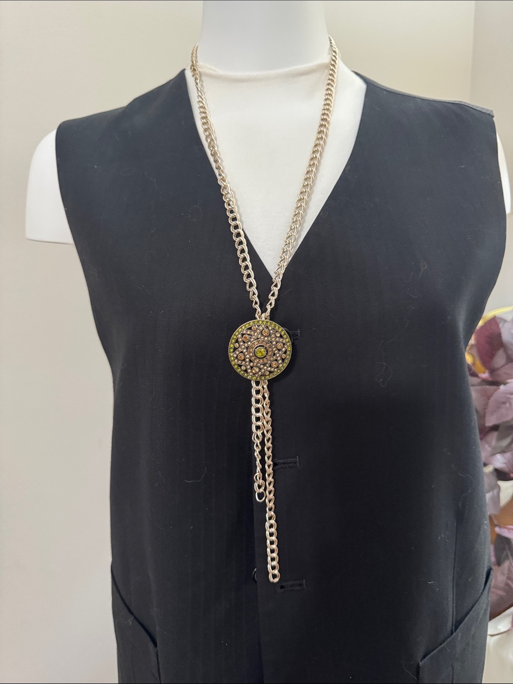 Gold-Tone Long Lariat Necklace with Green Accent Brooch